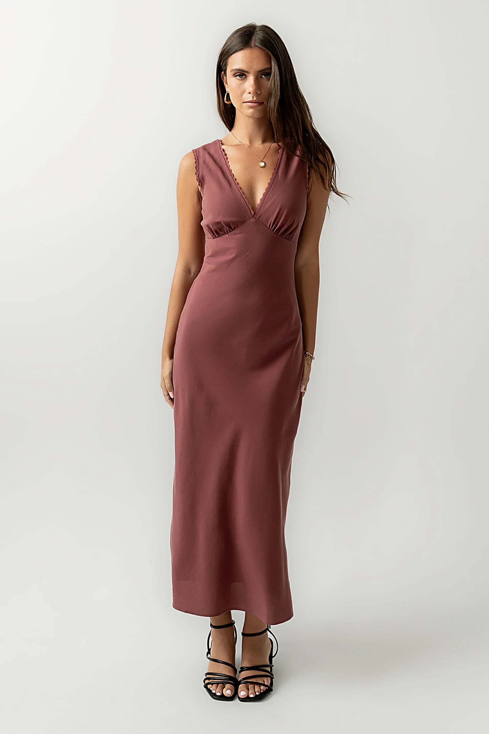 Hailey Lace Trim Maxi Dress in Marsala