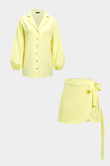 Notched Lapel Long Sleeve Shirt And Tie-Up Mini Skirt Set