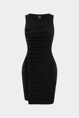 Round Neck Asymmetrical Ruched Sleeveless Mini Dress