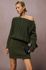 Knit One Shoulder Asymmetrical Metallic Button Long Sleeve Mini Dress