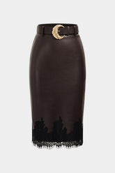 Faux Leather Patchwork Lace Belted Straight Skirt