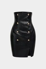 Faux Leather Button High Waist Skirt