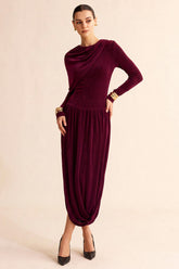 Asymmetrical Ruched Round Neck Long Sleeve Maxi Dress