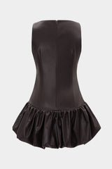 Faux Leather Round Neck Ruched Hem Sleeveless Mini Dress