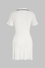 Knit Contrast Trim Metallic Button Short Sleeve Mini Dress