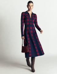 Fiona Zip Front Knitted Dress-Navy and Maroon Argyle