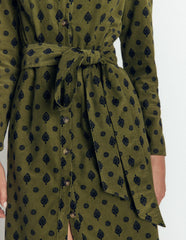 Louise Cord Midi Shirt Dress-Olive, Ornate Gardenia Stamp