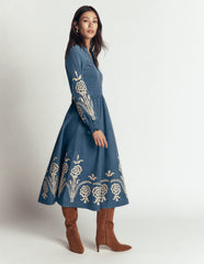 Smocked Cord Midi Dress-Storm Blue, Embroidery