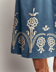 Smocked Cord Midi Dress-Storm Blue, Embroidery