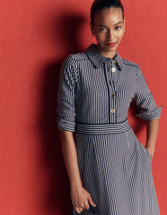 Etta Piping Detail Ponte Dress-Navy, Ivory Stripe