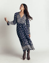 Blouson Tiered Jersey Dress-French Navy, Ornate Gardenia