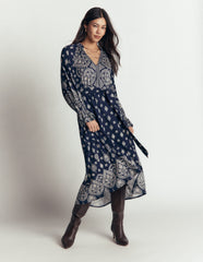 Blouson Tiered Jersey Dress-French Navy, Ornate Gardenia