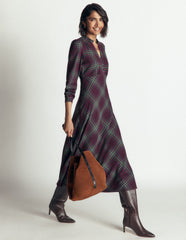 Cassie Checked Tea Dress-Maroon and Olive Check