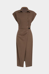 Asymmetrical Button Belted Slit Short Sleeve Midi Dress