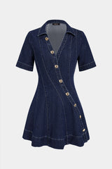 Denim V-Neck Asymmetrical Button Stitching Short Sleeve Mini Dress