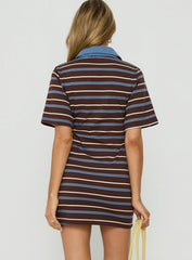 Klare Polo V Neck Mini Dress Chocolate Stripe