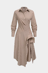 Stripes Print Asymmetrical Long Sleeve Midi Dress