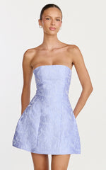 Rosalie Mini Dress - Strapless Jacquard Floral Mini Dress in Blue