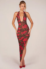 Halterneck Split Hem Midaxi Dress in Rose Leopard Print