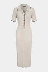 Knit Conrast Trim Button Ribbed Short Sleeve Maxi Dress