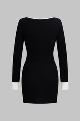 Knit Contrast Square Neck Metallic Button Long Sleeve Mini Dress