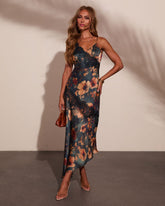 Rominah Satin Floral Asymmetric Lace Trim Maxi Dress