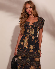Petal Path Floral Lace Up Corset Tiered Midi Dress