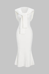 Knit Solid Sleeveless Maxi Dress With Tie Front Shawl