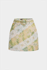 Watercolor Floral Print Applique Belted Mini Skirt