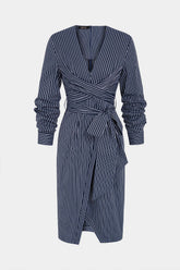 Stripes Print Crossed Knotted Long Sleeve Midi Dress