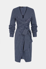 Stripes Print Crossed Knotted Long Sleeve Midi Dress