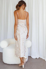 Lake Como Fitted Bodice Cami Strap Midi Dress Orchid Print Beige
