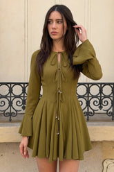 Solid Ruched Tie-Up Long Sleeve Mini Dress