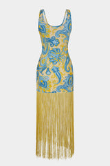 Retro Print Round Neck Fringe Hem Sleeveless Maxi Dress