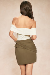 Patchwork Off Shoulder Asymmetrical Ruched Mini Dress