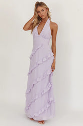 Flirt Frill Trim Halter Maxi Dress Lilac