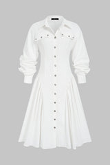 Lapel Fake Pocket Button Long Sleeve Midi Dress