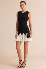 Knit Round Neck Contrast Ruched Hem Sleeveless Mini Dress