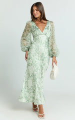 Freollyn Midi Dress - Deep V Neck Long Sleeve Dress in Sage