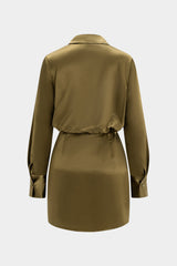 Satin Crossed V-Neck Tie-Up Long Sleeve Mini Dress