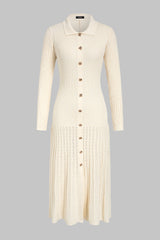 Knit Lapel Metallic Button Ribbed Long Sleeve Maxi Dress