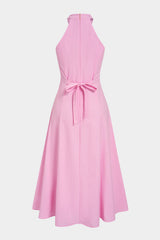 Halter Neck Metallic Button Tie-Up Sleeveless Maxi Dress