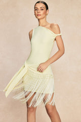 One Shoulder Twist Knot Fringe Sleeveless Mini Dress
