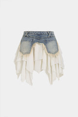 Denim Patchwork Chiffon Irregular Hem Frayed Skirt