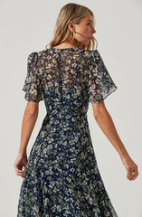 Flutter Sleeve Floral Asymmetric Maxi Dress
