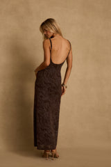 Amora Mocha Floral Mesh Maxi Dress