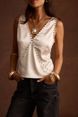Ashby Cream Satin Studded Tank Top