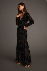 Angela Black Velvet Burnout Long Sleeve Maxi Dress