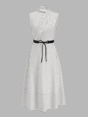 Wrap Collar Striped Belted Midi Dress