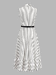 Wrap Collar Striped Belted Midi Dress